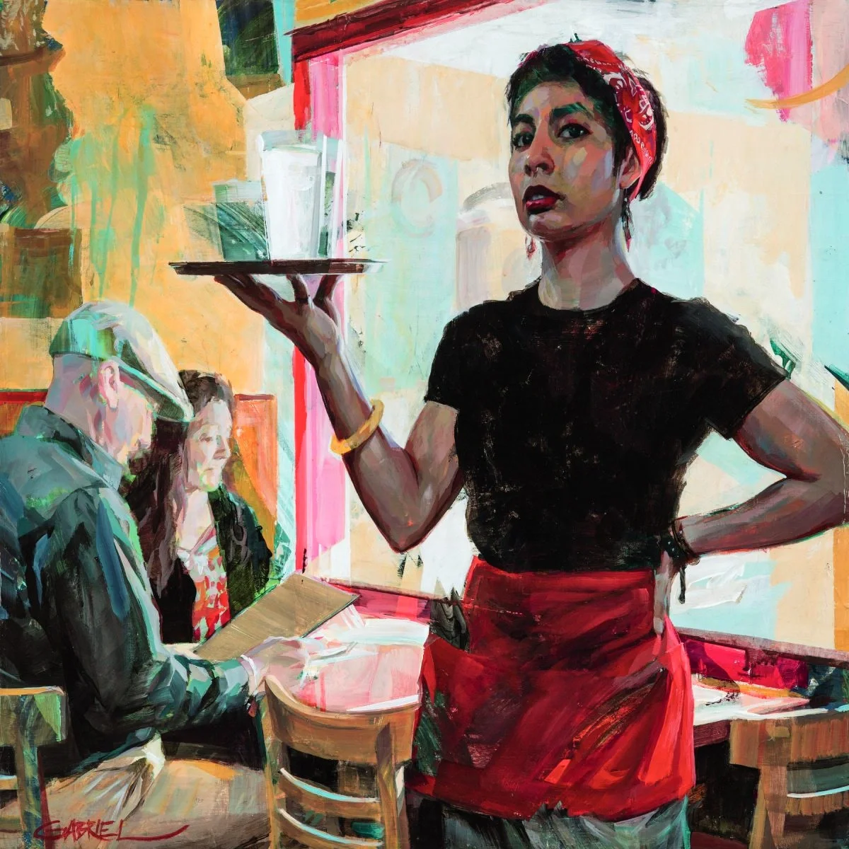 Illustration of a waitress with one hand holding up a tray of drinks and the other on her hip.