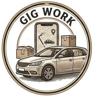 Circular icon with headline that says, "GIG WORK" and center illustration of a car, packages, and a smartphone showing a map of the car's route.
