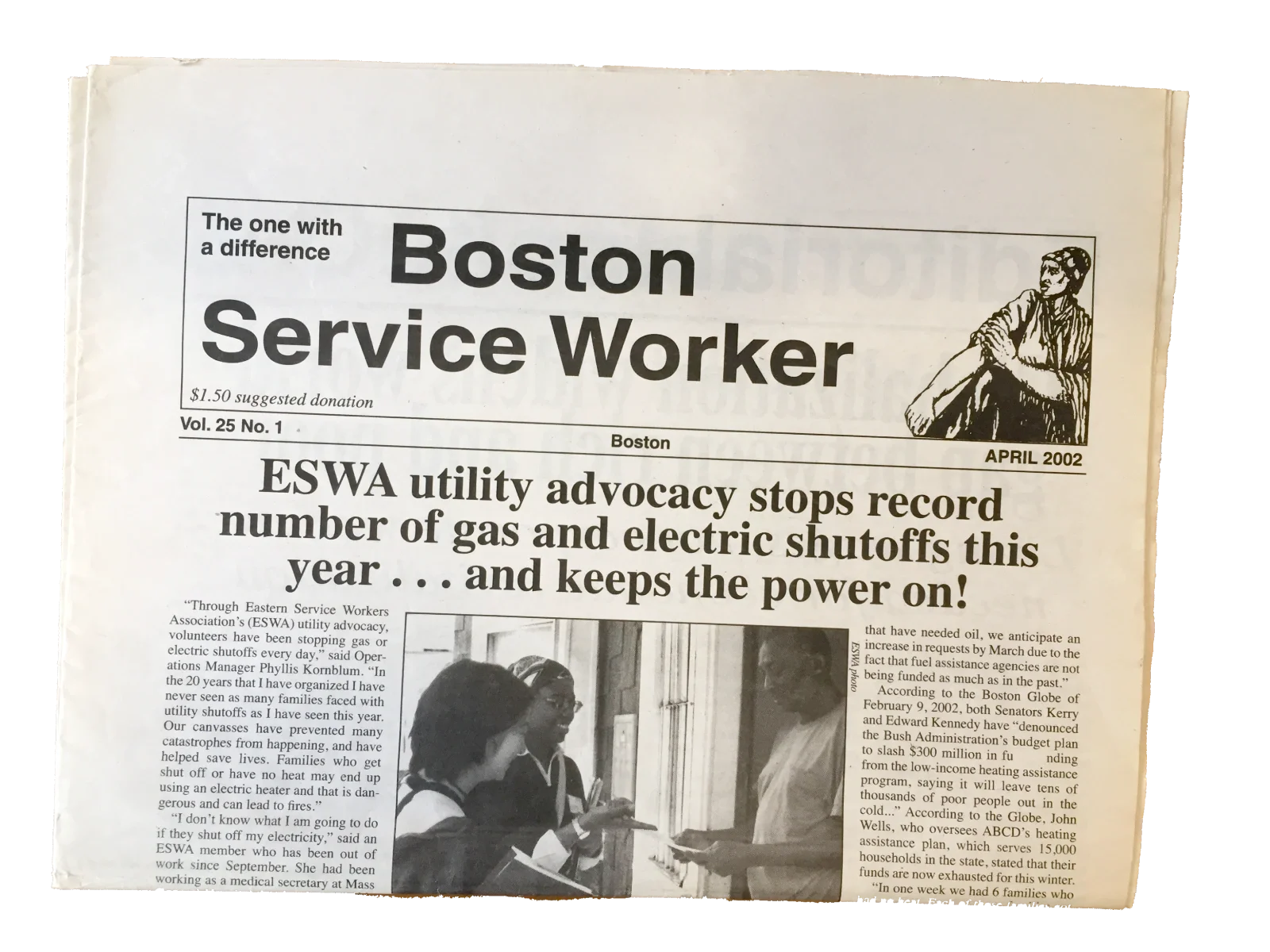 Photo of April 2002 issue of Boston Service Worker with headline "ESWA utility advocacy stops record number of gas and electric shutoffs this year...and keeps the power on!"