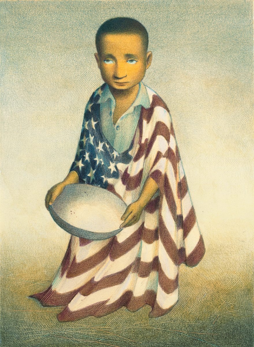 Illustration of a sad child draped in an American flag holding an empty pan.