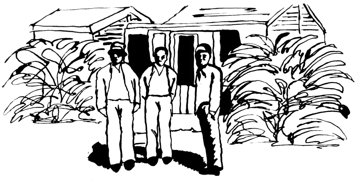 Line illustration of workers standing in front of a building.