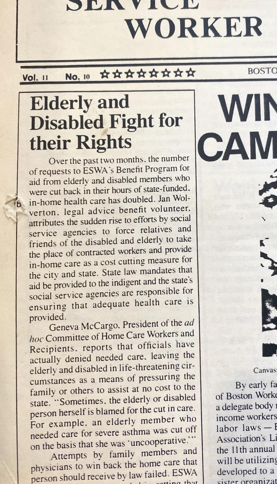 Cropped image of newspaper showing column titled "Elderly and Disabled Fight for their Rights."