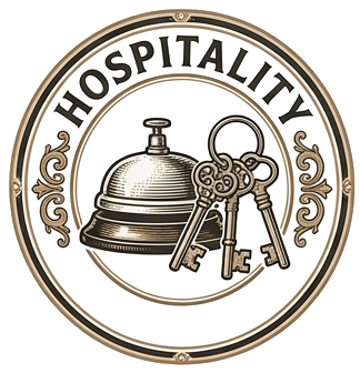 Circular icon with headline that says "HOSPITALITY" and center illustration of a service bell and ring of keys.