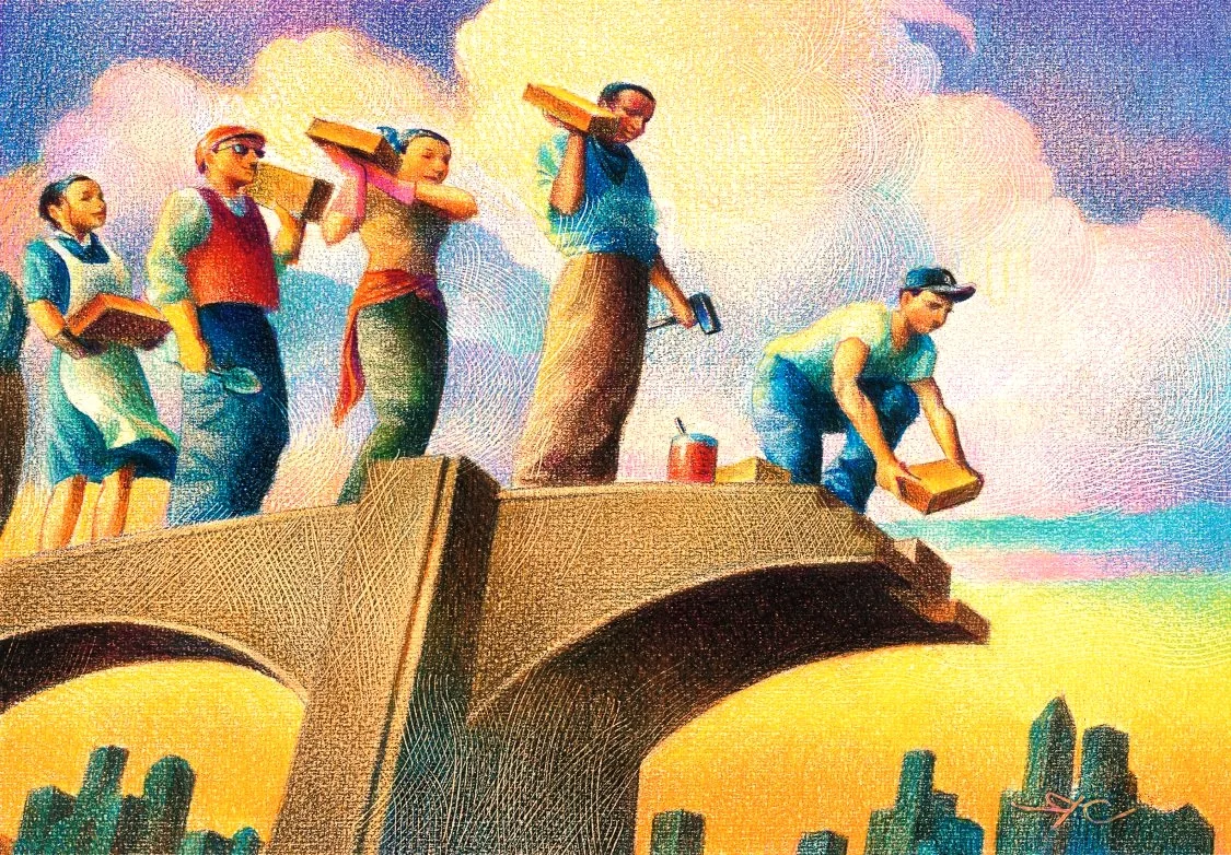 Illustration of workers on a bridge, standing in a line carrying bricks and tools. The worker in front of the line is setting his brick down to continue building the bridge.