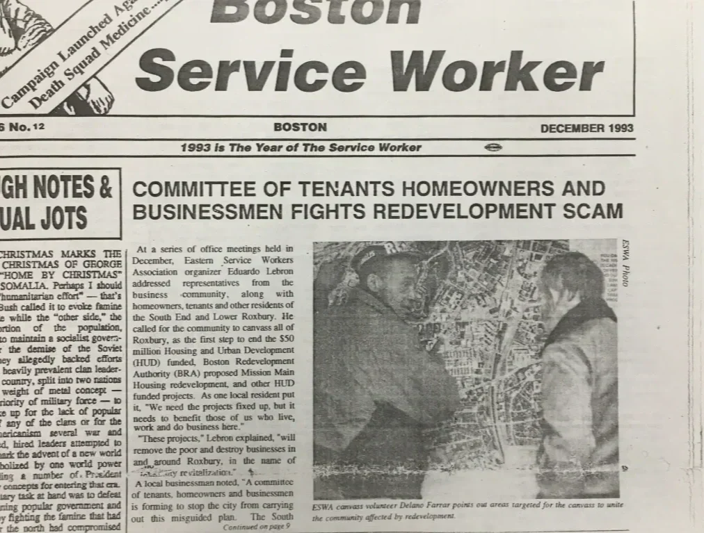 Cropped image of December 1993 issue of Boston Service Worker showing lead article with headline that says "COMMITTEE OF TENANTS HOMEOWNERS AND BUSINESSMEN FIGHTS REDEVELOPMENT SCAM".