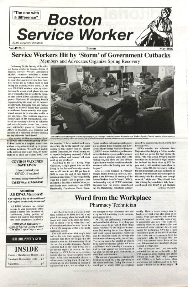 Photo of front page of May 2026 Boston Service Worker with headline, "Service Workers Hit by 'Storm' of Government Cutbacks."