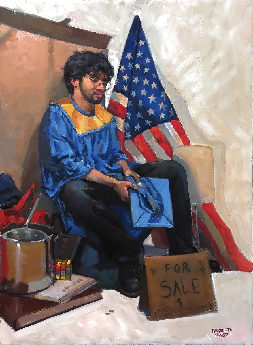 Illustration of a college graduate sitting next to an American flag, holding his graduation cap behind a cardboard sign reading "FOR SALE."
