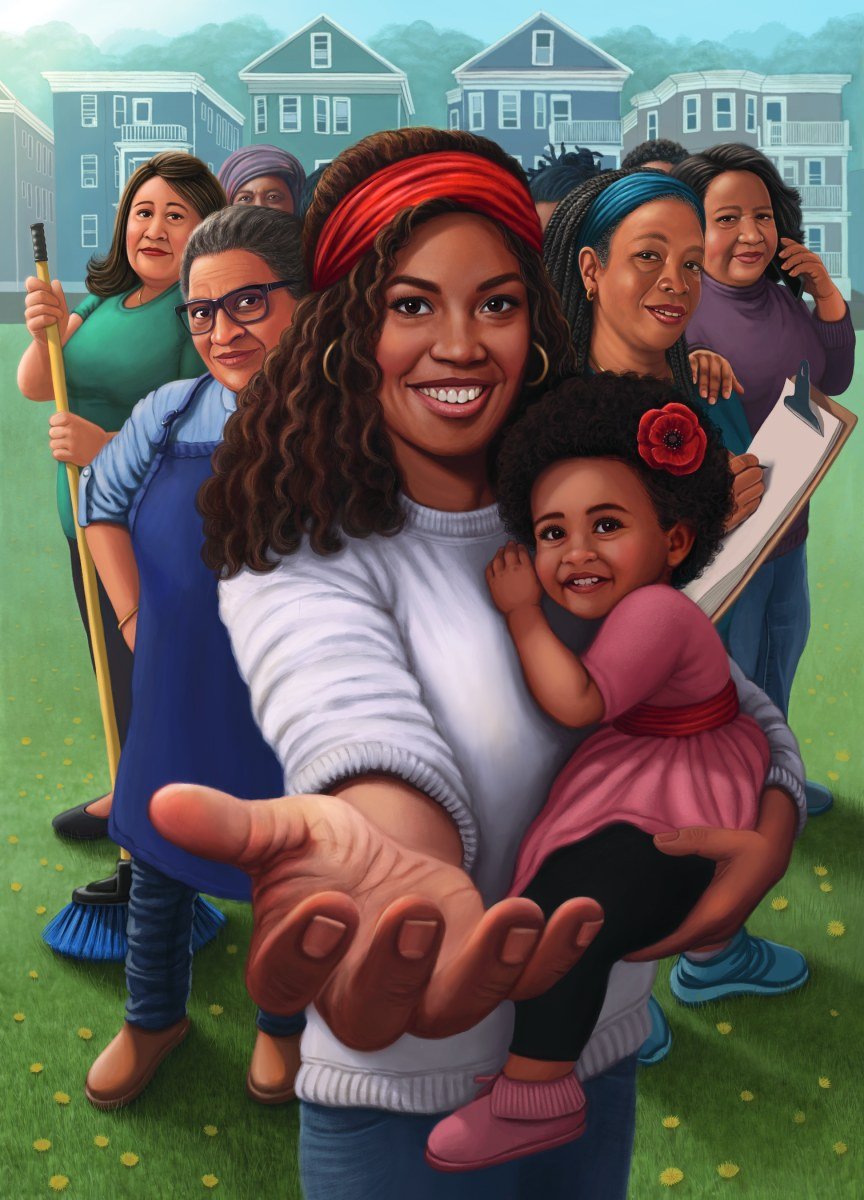 Illustration of a group of women workers in front of a row of triple deckers. One woman holds a broom, one wears an apron, one has a clipboard, and the woman front and center carries a child, smiling with her hand outstretched in welcome.