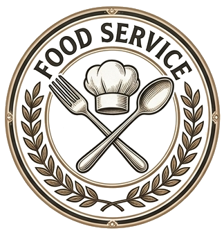 Circular icon with headline that says, "FOOD SERVICE" and center illustration of a chef's hat above a crisscrossed fork and spoon.