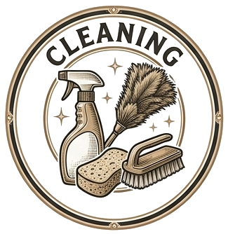 Circular icon with headline that says "CLEANING" with center illustration of a spray bottle, feather duster, sponge and scrub brush.