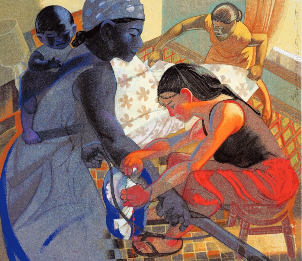 Illustration of a woman in blue carrying a baby on her back while vacuuming, a woman in red handwashing a rag and a woman in yellow changing sheets.