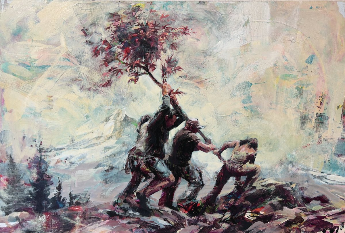 Illustration of a group of people carrying a tree preparing to plant it in the ground.