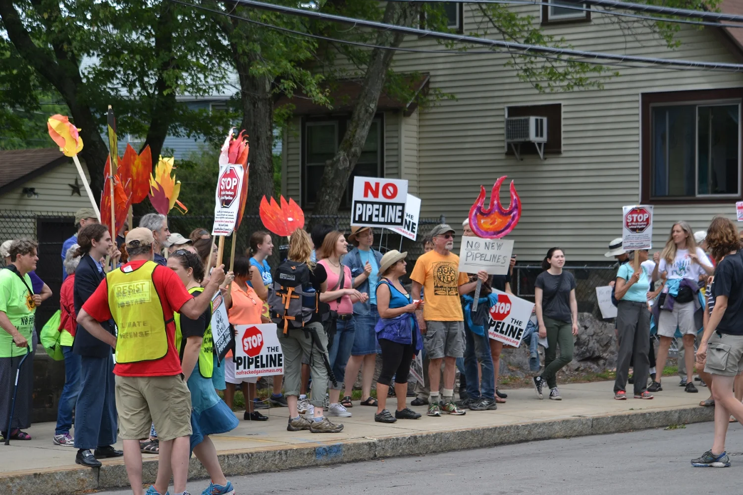 Photo of a group of people protesting on a curb holding signs that say "NO PIPELINE" AND "STOP THE PIPELINE".