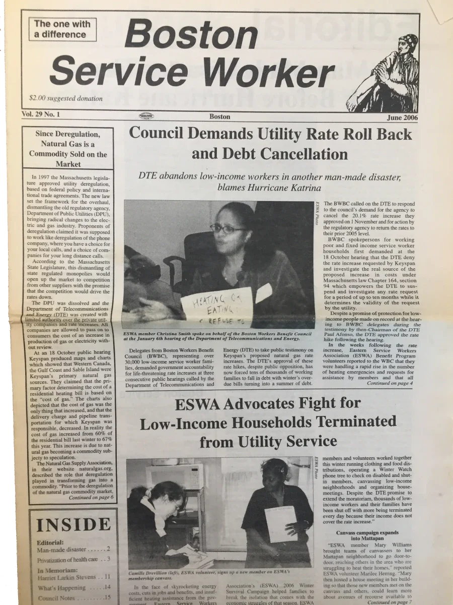 Photo of front page of June 2006 issue of Boston Service Worker with lead article headlined "Council Demands Utility Rate Roll Back and Debt Cancellation."