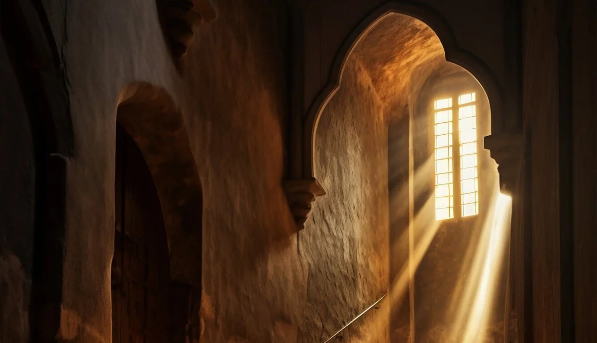 Sunlight streaming through a window with bars, illuminating the textured stone walls of what appears to be a historic or religious interior.
