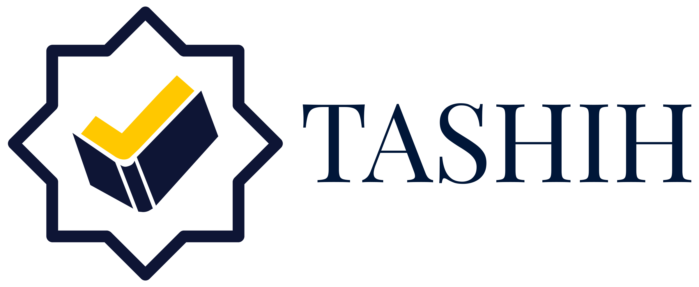 Tashii logo with a yellow checkmark inside a dark navy hexagon outline and the word 'Tashii' in dark navy letters to the right.