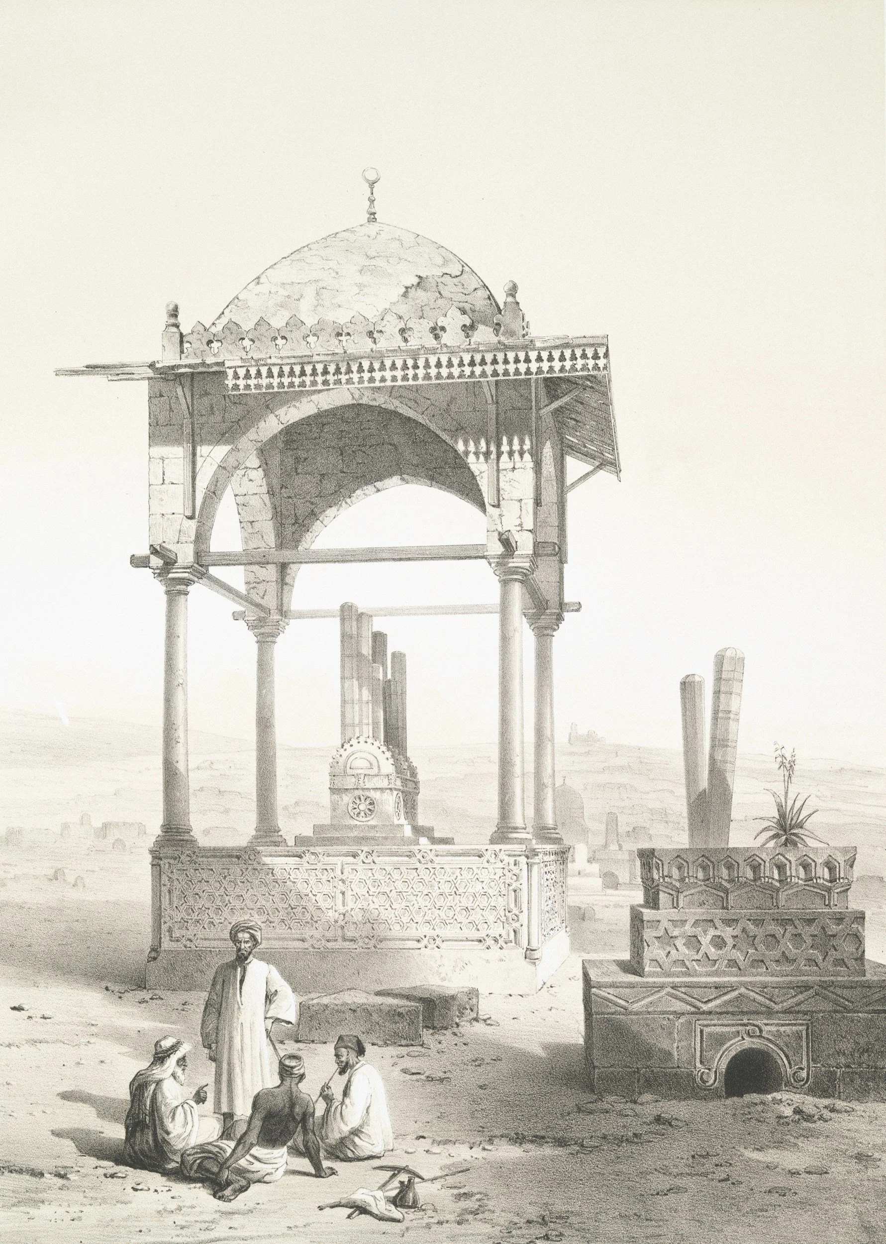 A black and white sketch showing a group of four men conversing in front of a decorative pavilion with a domed roof and ornate railings. Additional construction elements and architectural details are visible in the background.