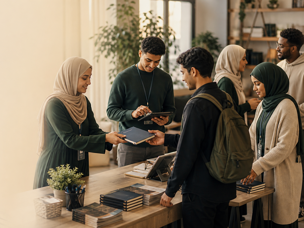 People checking in at a reception desk in a warm, well-lit office or hotel lobby with bookshelves and plants in the background.