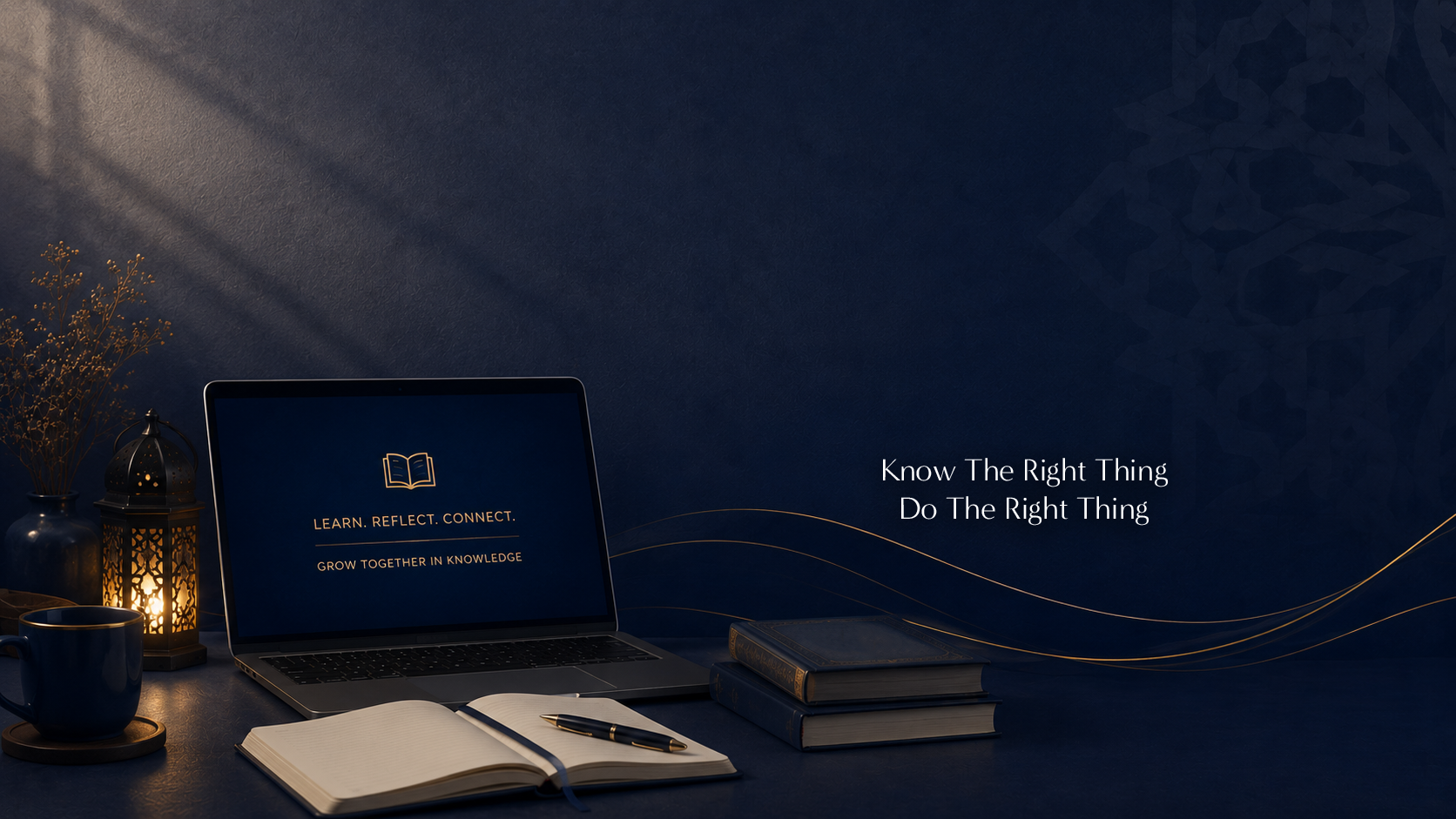 A dark desk with an open notebook, a pen, a laptop displaying 'Learn. Reflect. Connect. Grow Together in Knowledge,' a mug, a decorative lantern, and a vase with dried flowers. The background has a blue textured wall with golden accent lines and the 
