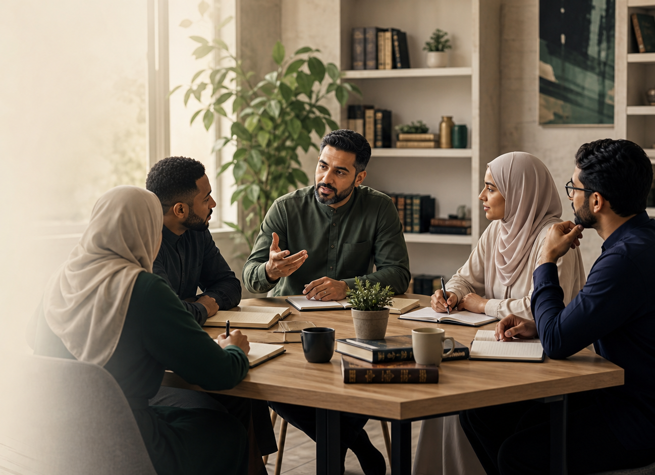 A diverse group of five people having a serious discussion around a wooden table in a well-lit room with bookshelves and plants.