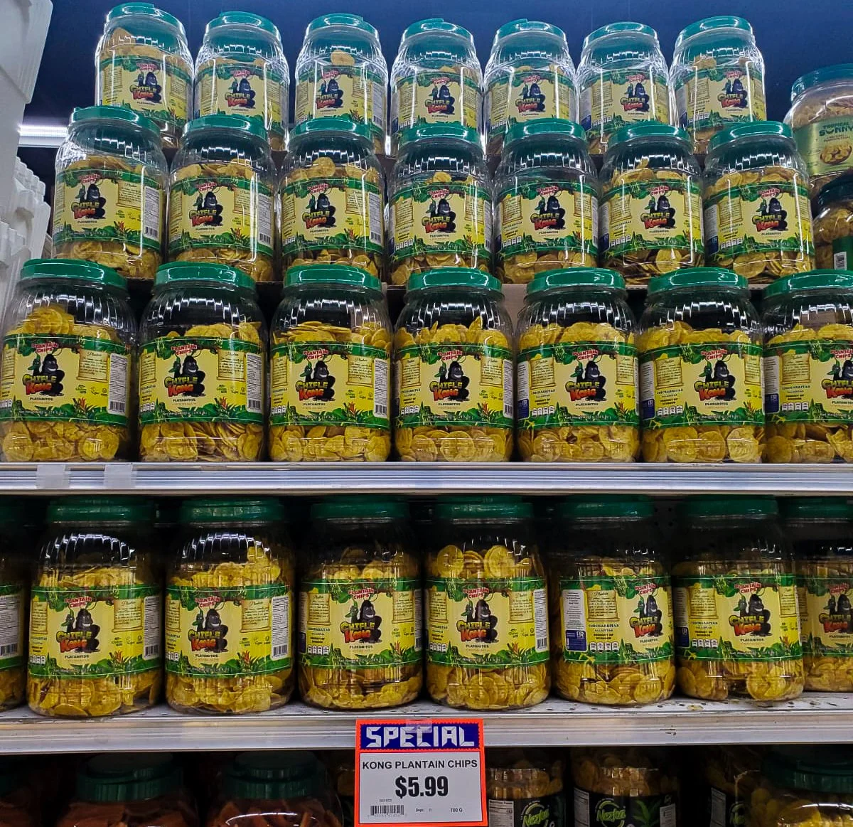 Chifle Kong plantain chips jars close-up