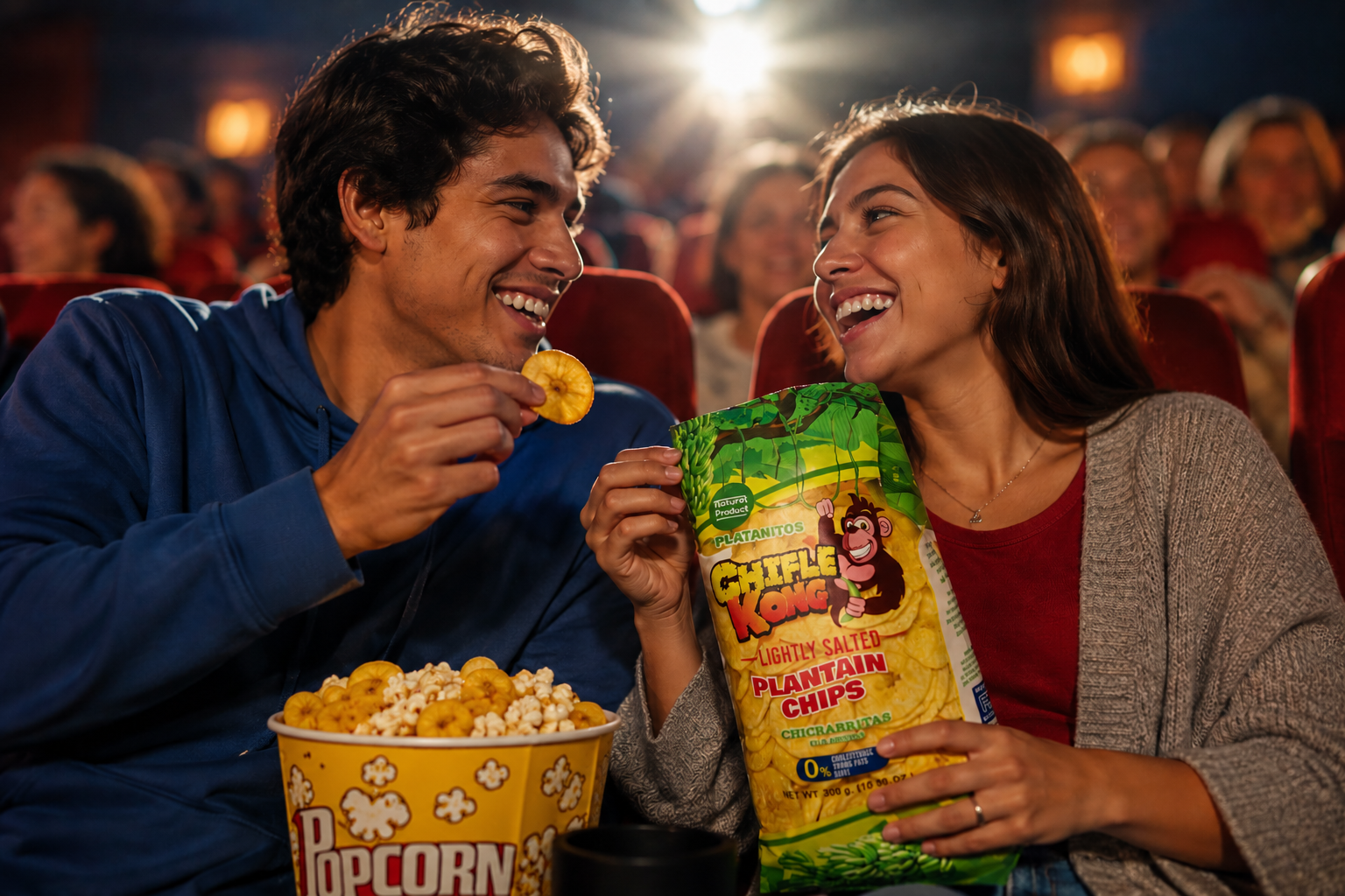 Friends sharing Chifle Kong plantain chips during movie night
