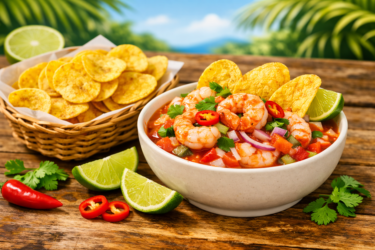 Chifle Kong plantain chips served with ceviche, traditional Ecuadorian pairing