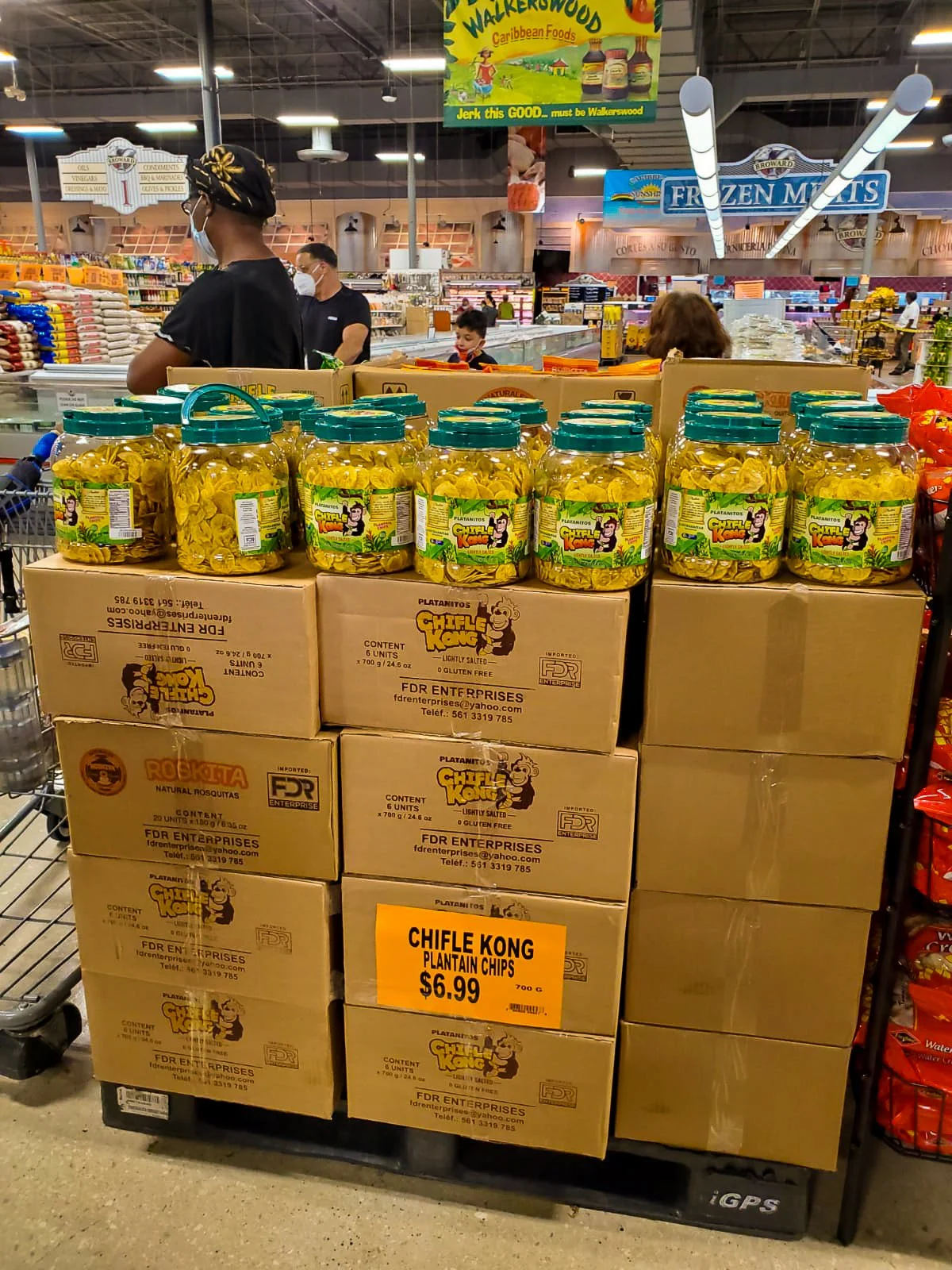 Chifle Kong plantain chips boxes stacked at Miami warehouse