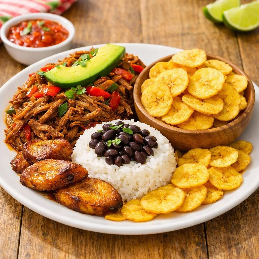 Chifle Kong plantain chips served with white rice, beans, pork, and sweet plantains