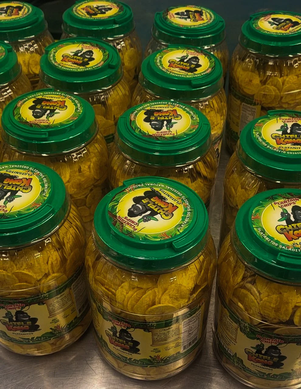 Jars of Chifle Kong plantain chips on display