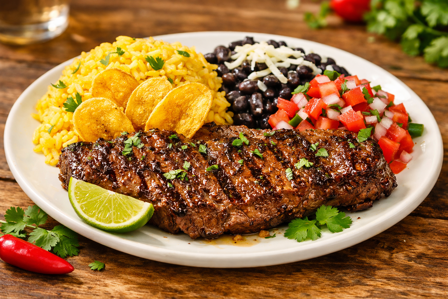 Chifle Kong plantain chips served with rice, beans, and steak