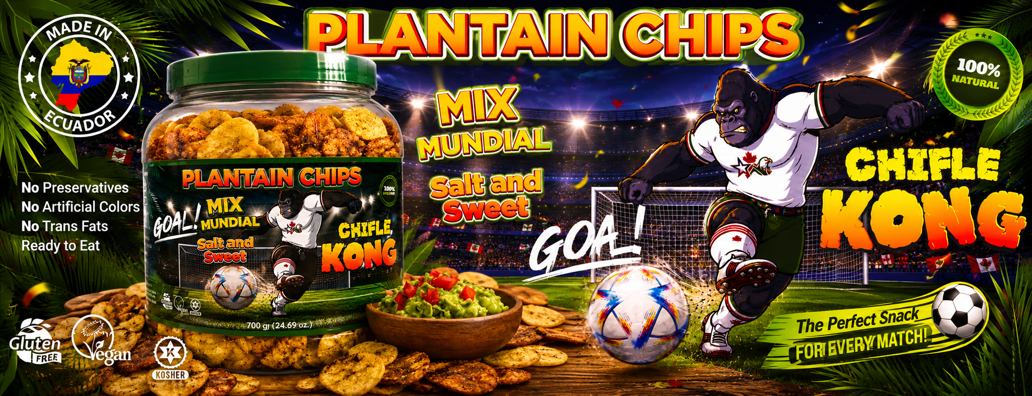 Chifle Kong Mix Mundial plantain chips jar, salt and sweet flavor, box of 6