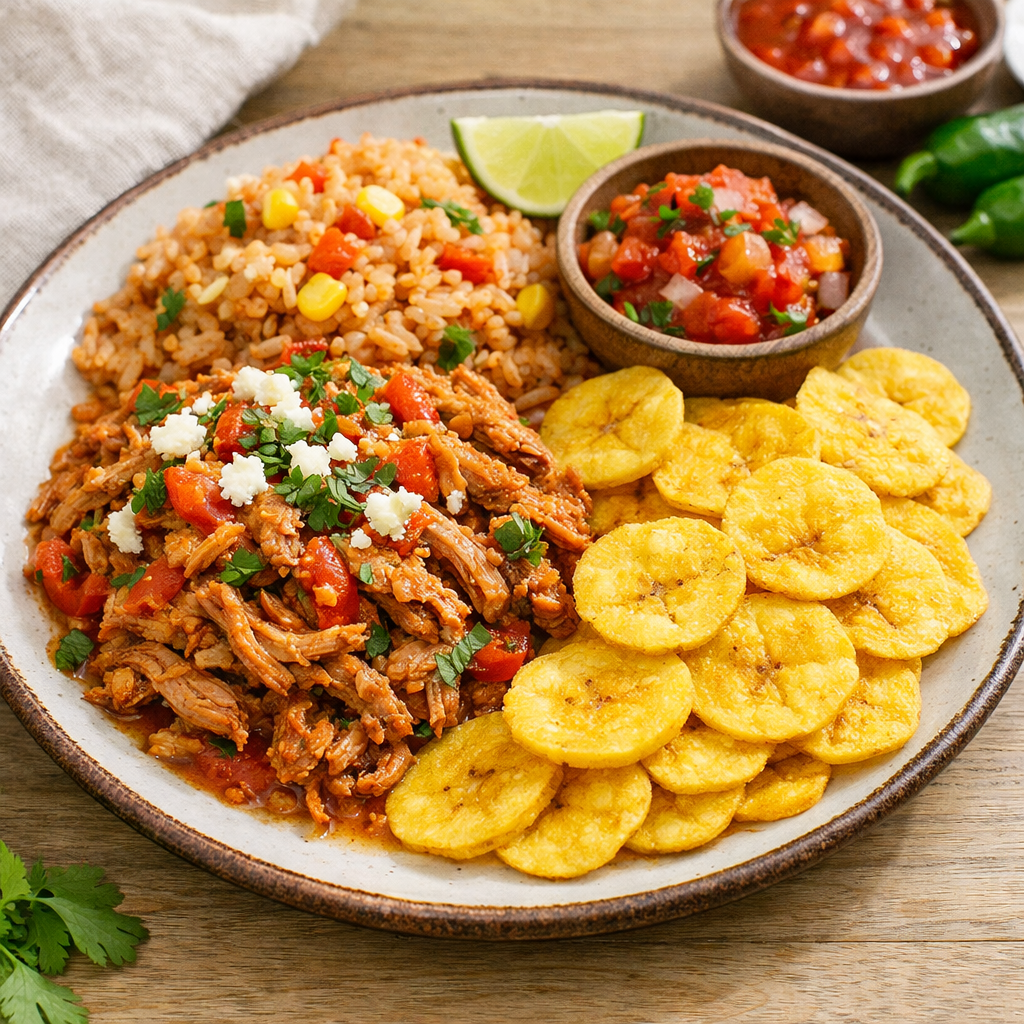 Chifle Kong plantain chips paired with fresh spicy sauce, vegetable yellow rice and shredded pork