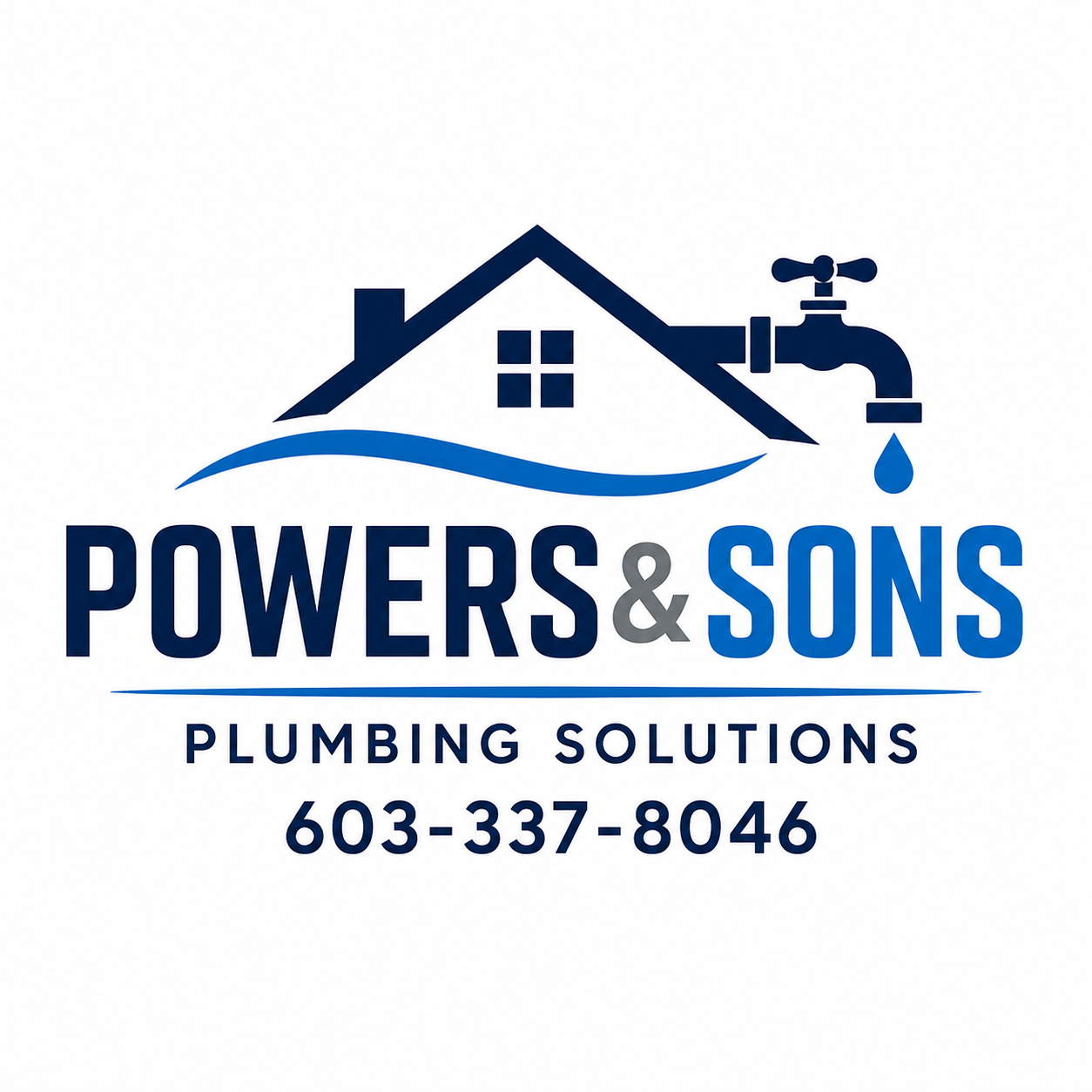 Logo for Powers & Sons Plumbing Solutions featuring a house with a water pipe and drop, and the business name with contact number.