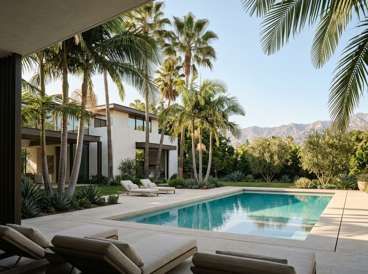 Modern house with large swimming pool surrounded by palm trees and lounge chairs in a sunny outdoor area with mountains in the background.