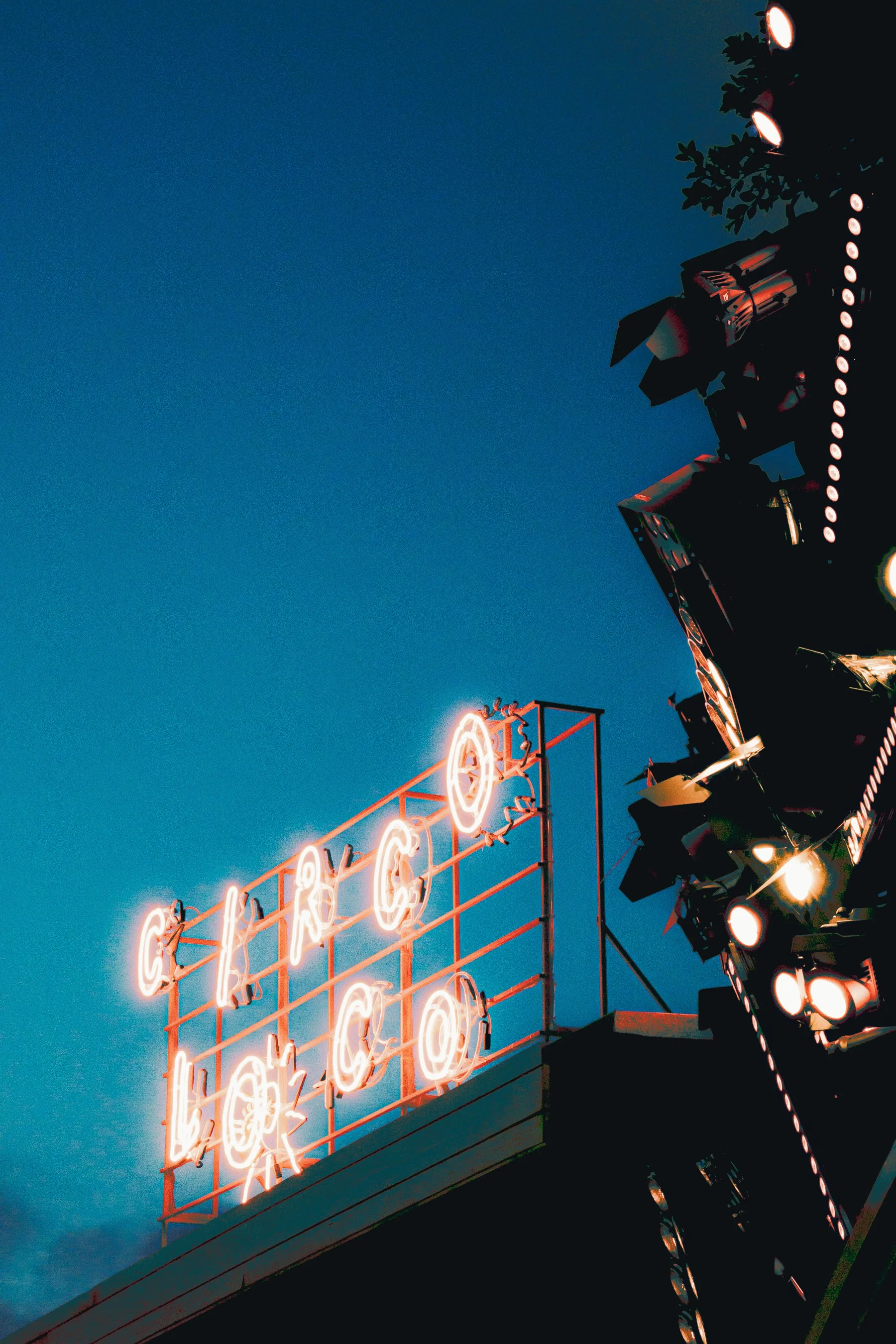 Neon signs and lights at a carnival or amusement park against a dark blue evening sky.