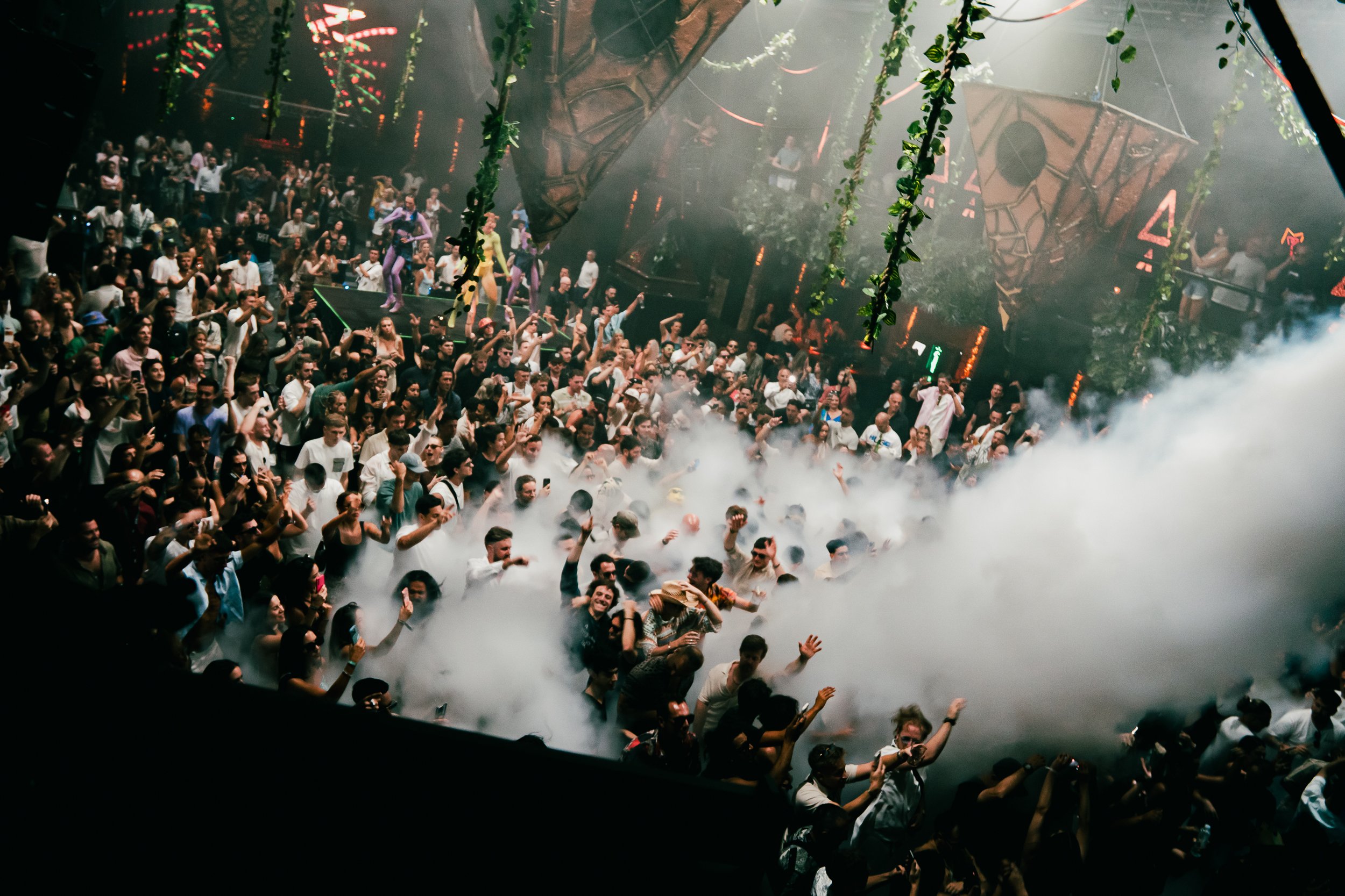 Crowd of people dancing and enjoying music inside a dark, foggy nightclub with hanging greenery and geometric decorations.