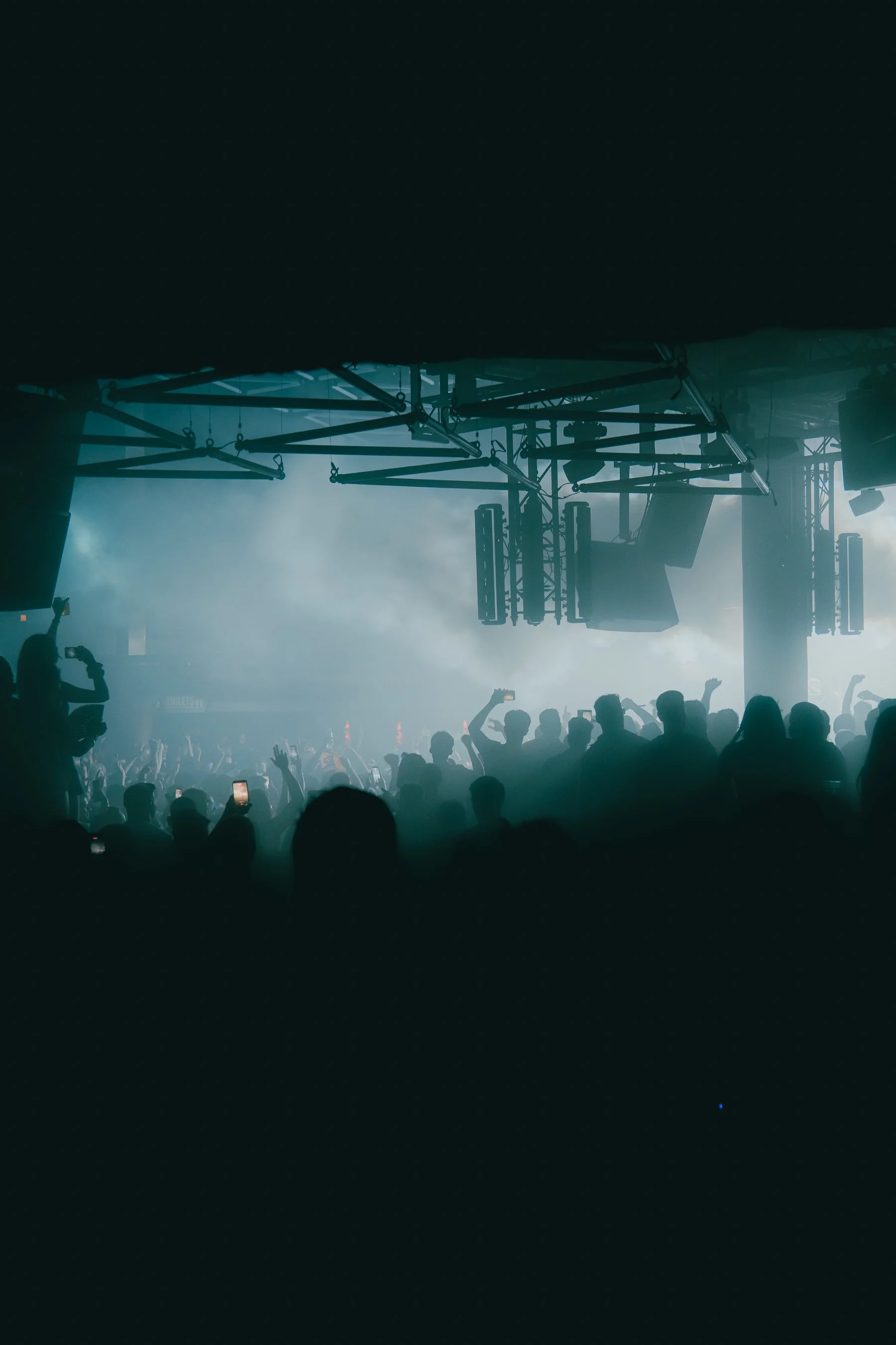 A concert scene with a crowd enjoying a live music performance, stage lighting, and fog effects.
