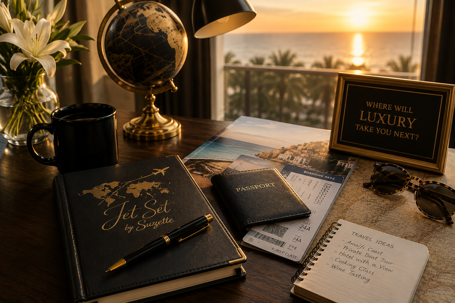 Travel planning desk with a globe, black mug, photographs, a framed sign reading "Where will luxury take you next?", sunglasses, a notebook titled "Jet Set by Suzette" with a pen, a passport holder, boarding passes, a map, and a travel ideas notepad.