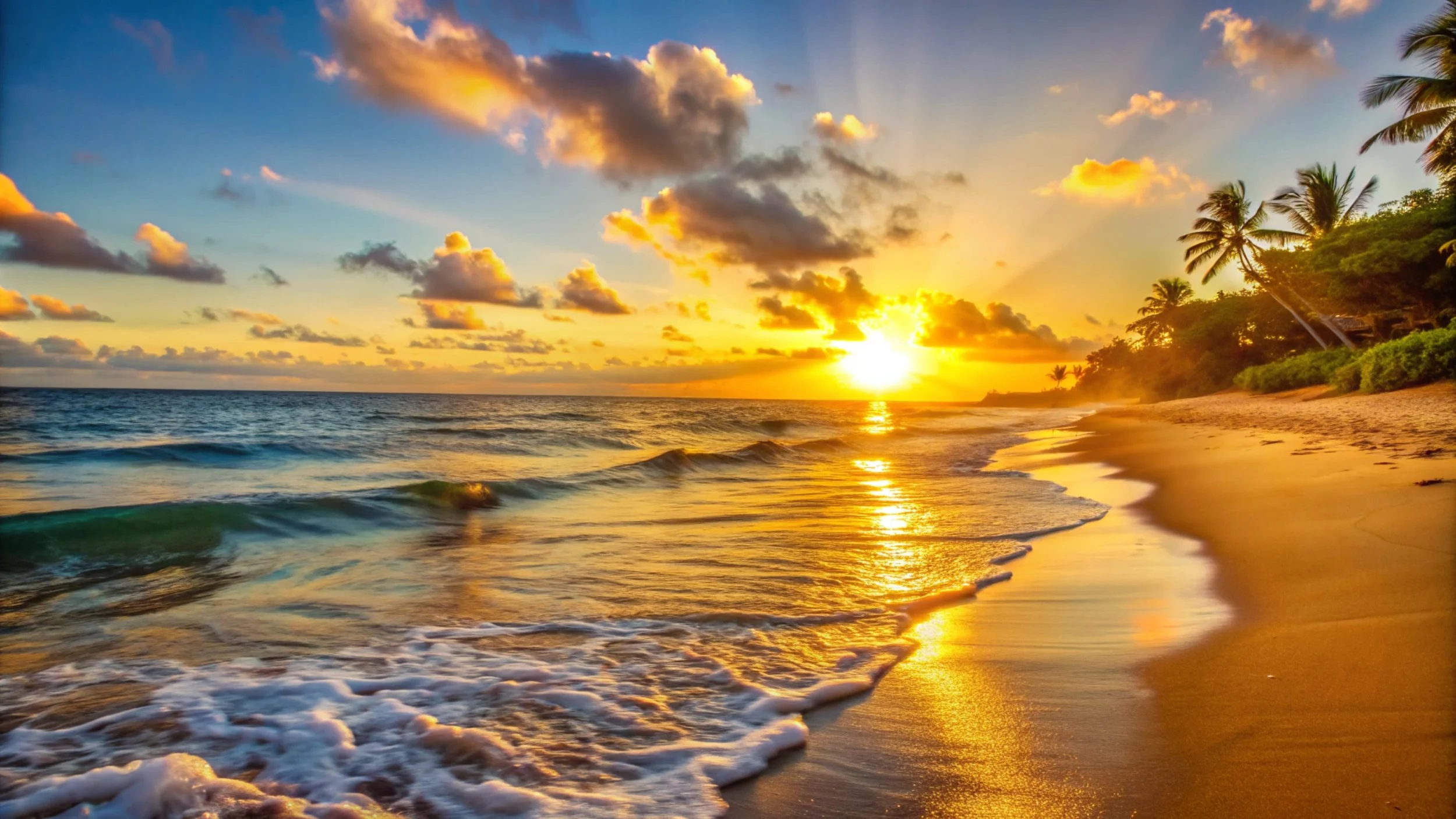 Sunset over the ocean with clouds, palm trees on the beach, and gentle waves.