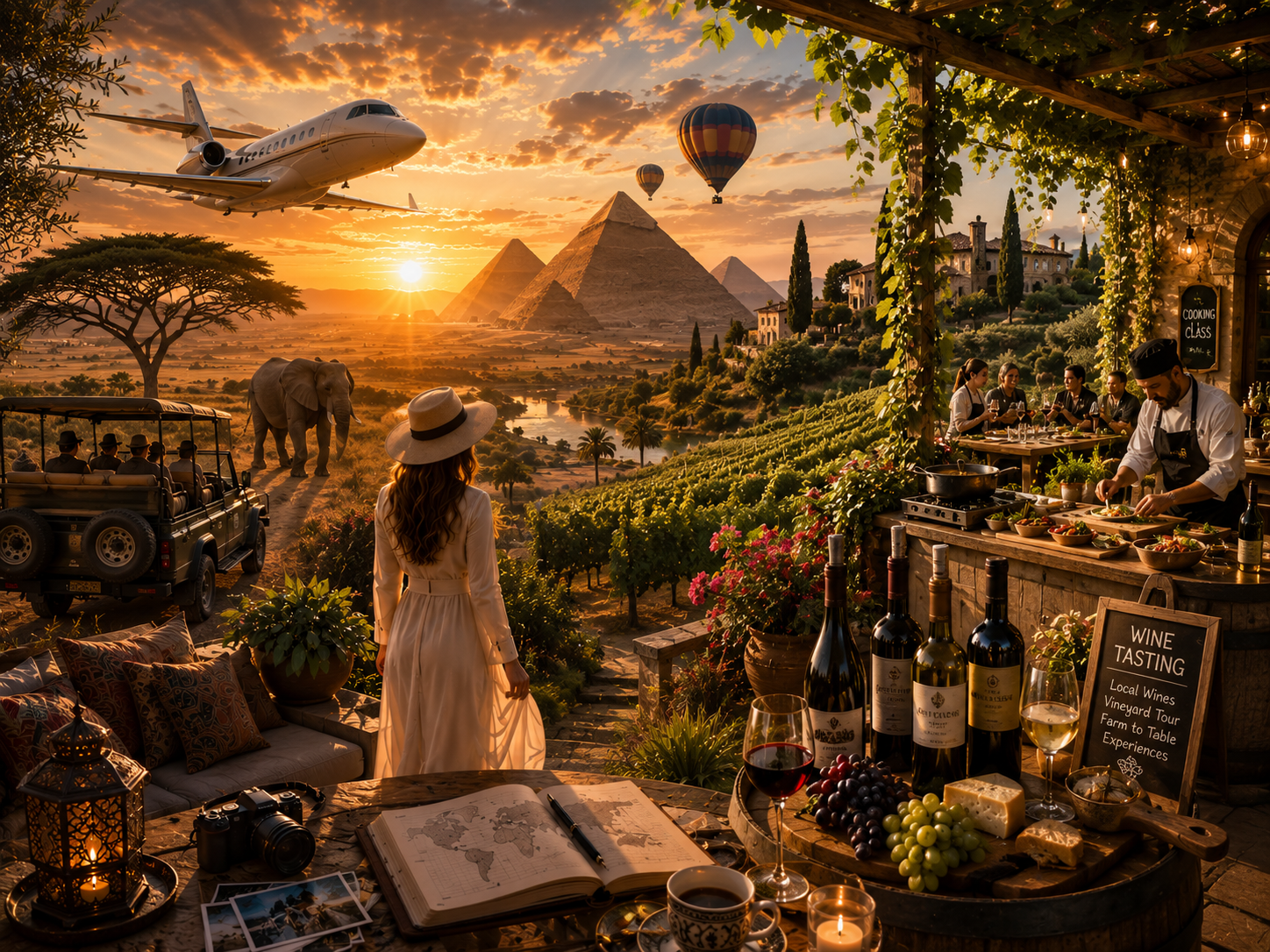 A woman in a white dress and wide-brimmed hat overlooks a scenic landscape featuring pyramids, hot air balloons, and an elephant at sunset. The scene includes a safari vehicle with passengers, a vineyard, and a restaurant with chefs preparing food and wine bottles on display.