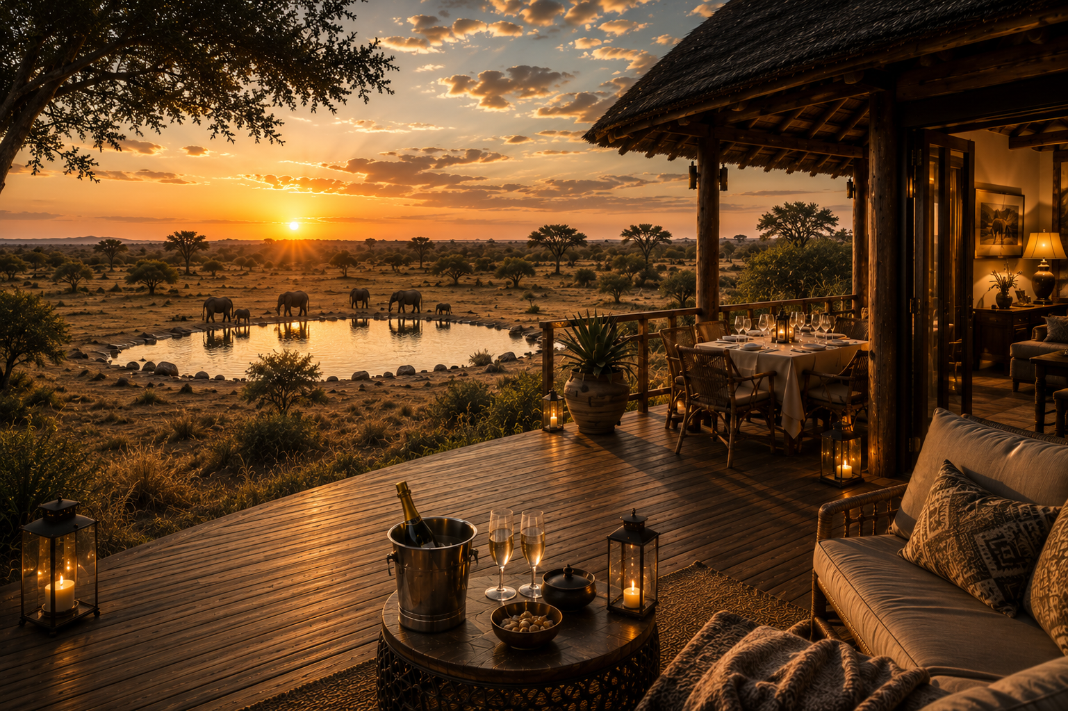 A luxurious outdoor dining area on a wooden deck overlooking an African savanna at sunset, with elephants near a waterhole in the background, and candles and wine on the table.