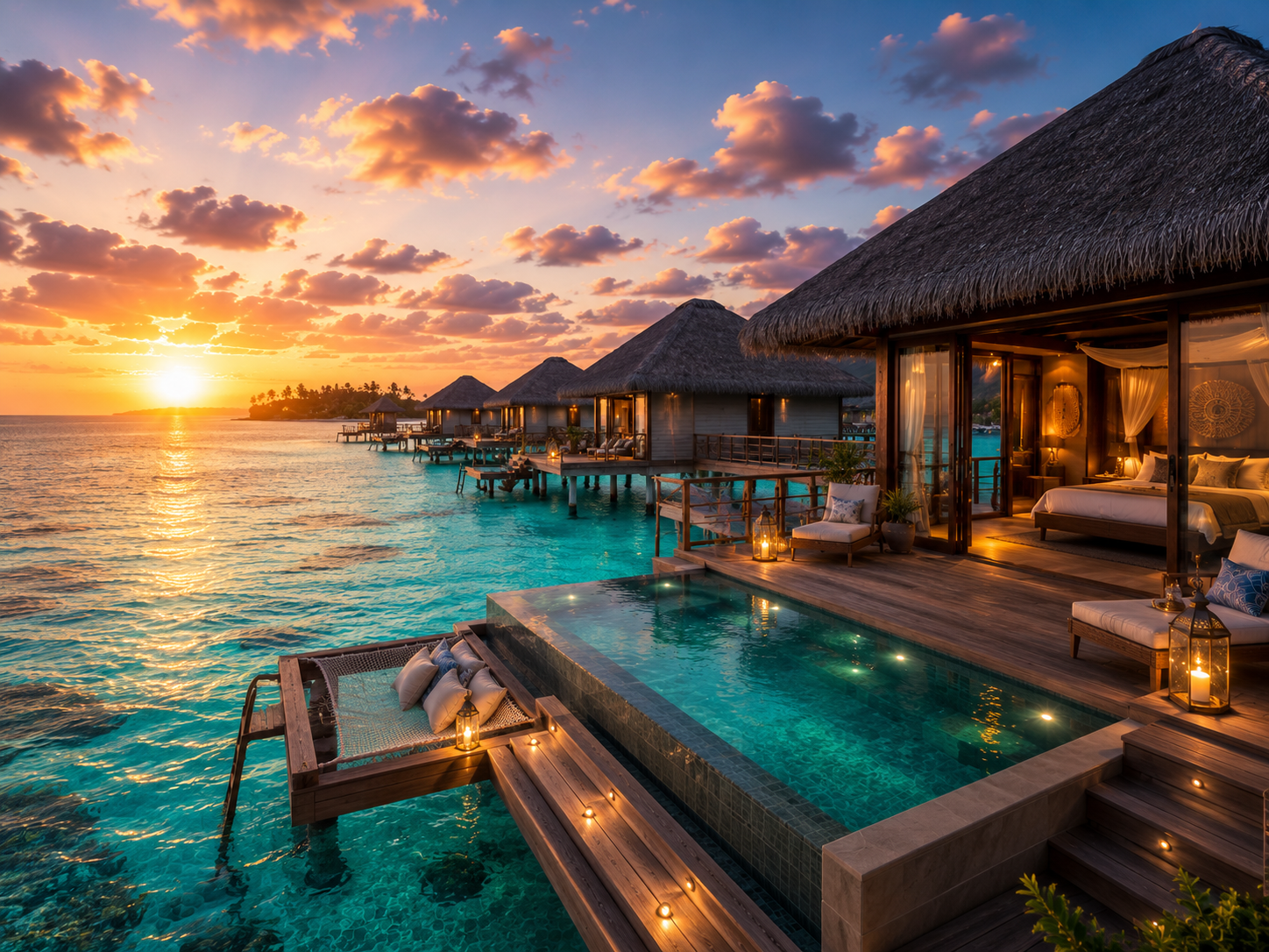 Overwater bungalows at sunset with clear turquoise water, private pools, and sky with orange and pink clouds.