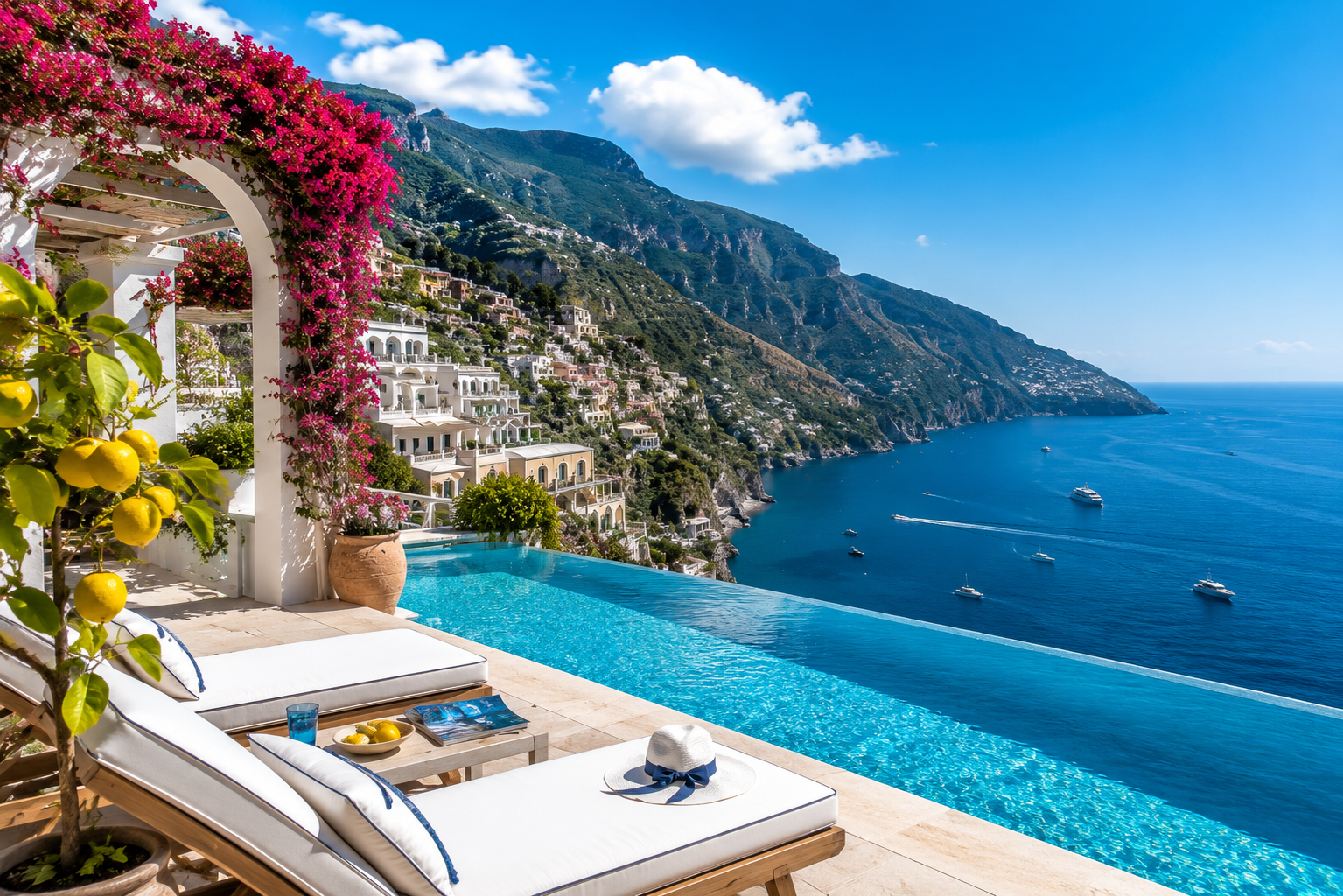 A luxurious infinity pool overlooking the Mediterranean Sea with boats, cliffs, and hillside homes in Amalfi Coast, Italy, under a clear blue sky.