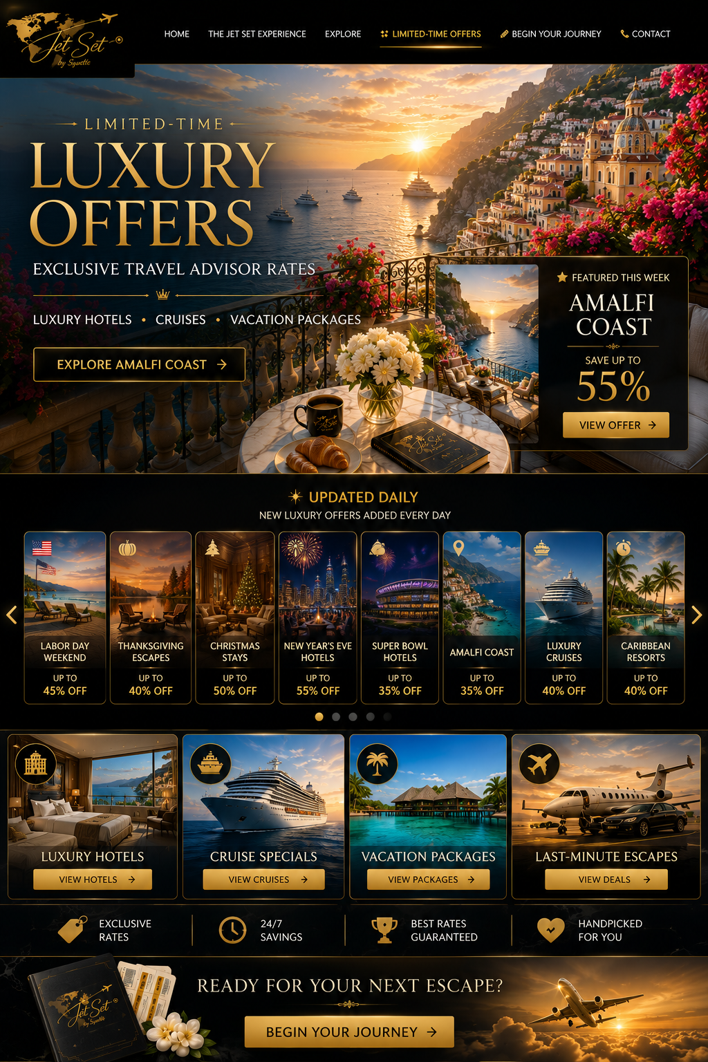 Luxury travel website homepage featuring Amalfi Coast with sunset over the sea, colorful buildings on cliffs, and a balcony with flowers and a coffee table.