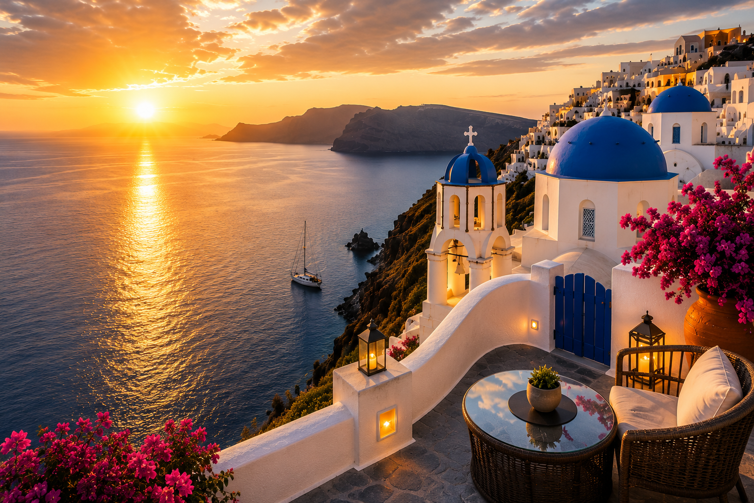 Sunset over the ocean at Santorini, Greece, with white buildings and blue-domed churches on a hillside terrace decorated with pink flowers and outdoor seating.