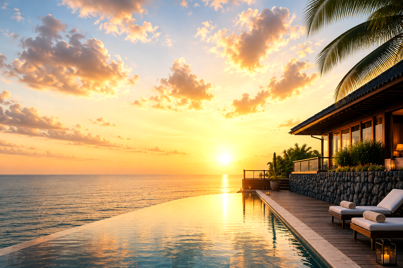 Sunset over the ocean with a luxury seaside resort, pool, lounge chairs, palm trees, and a modern building with large glass windows.