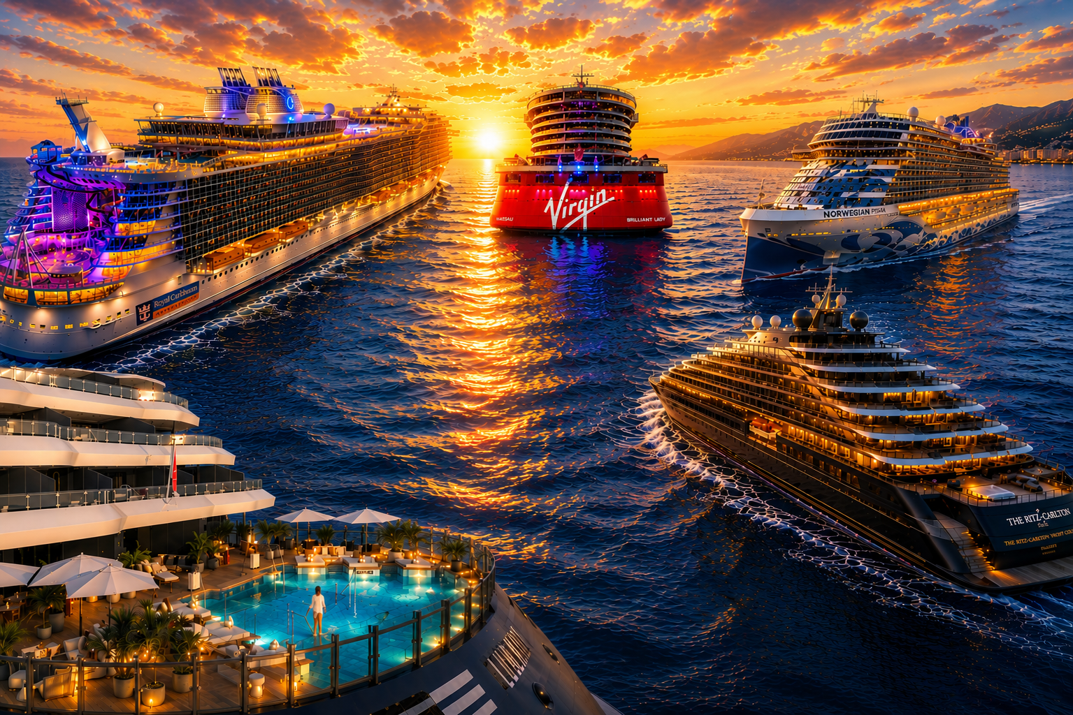 Multiple luxurious cruise ships anchored in a harbor during sunset, with mountains in the background and a swimming pool on one ship in the foreground.