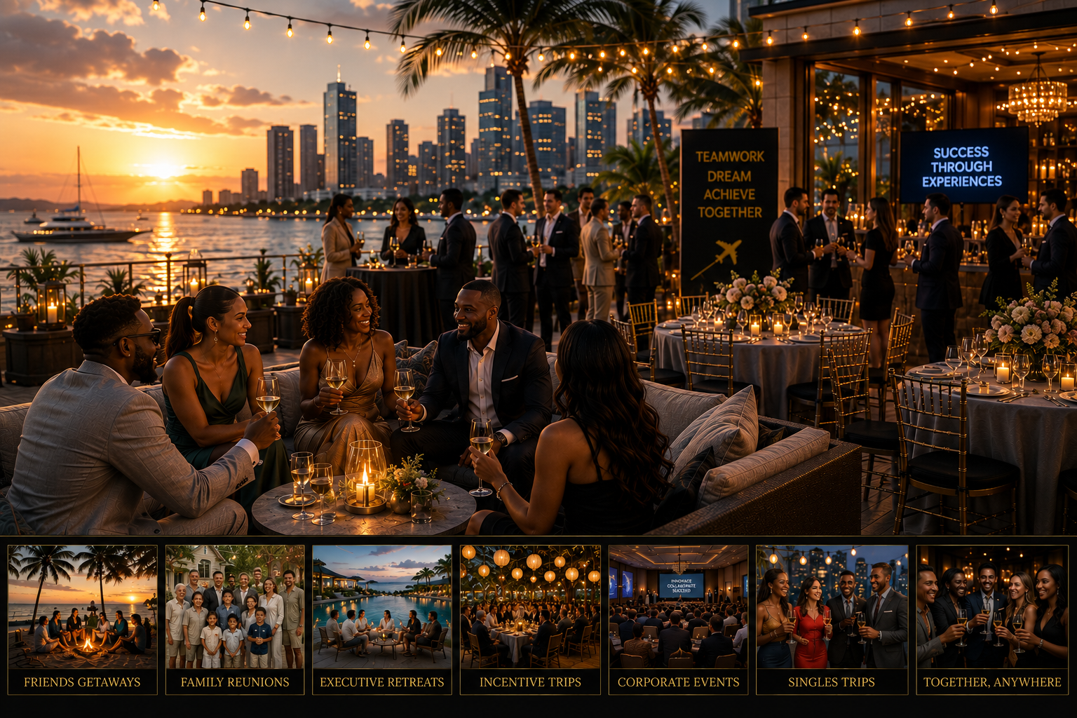 A group of people at an outdoor evening event on a balcony overlooking a city skyline and water, enjoying drinks and conversation with string lights overhead and a sunset in the background.