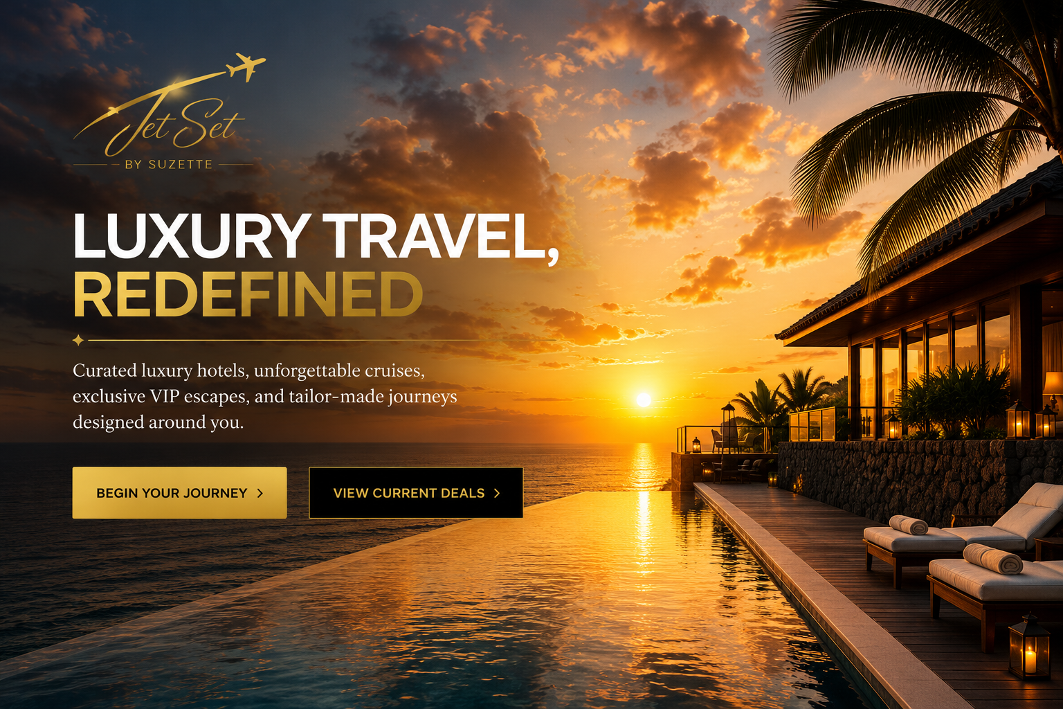 Luxury resort at sunset with an infinity pool, palm trees, and a cozy lounge area, promoting luxury travel and exclusive vacation packages.